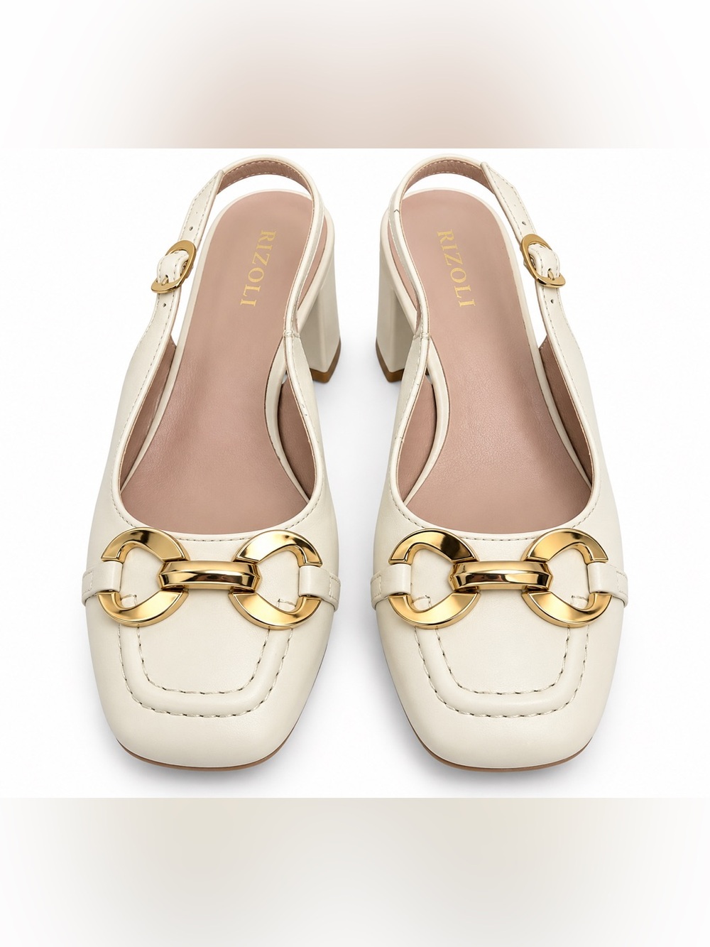 Rizoli Women’s Ivory Gold Hardware Slingback Block Heels. Size: US 9.